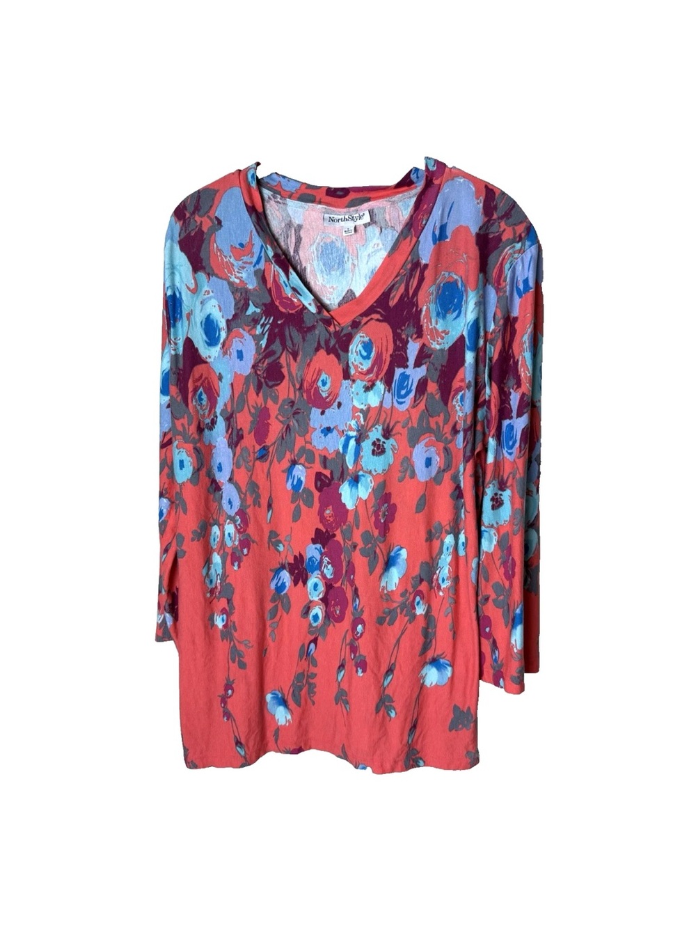 NorthStyle Tunic Top Size Large V-Neck 3/4 Sleeves Stretch Floral Orange Blue